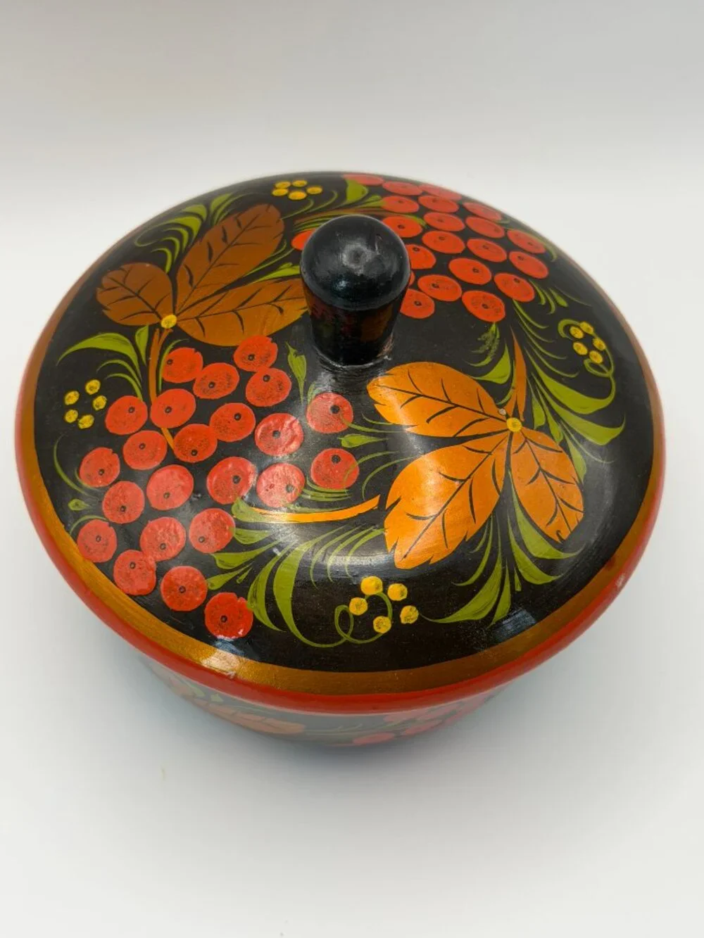 Vintage Russian Khokhloma Hand Painted Wooden Lidded Bowl Folk Art Black Red